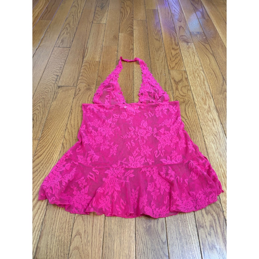 Victorias Secret Hot Pink Floral Lace Halter Babydoll Top L 180533-LD6